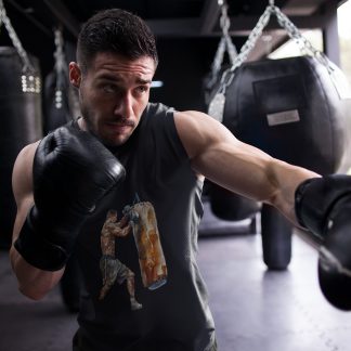 Boxer Punching Heavy Bag Orange boxing vest in black, shadowboxing shot