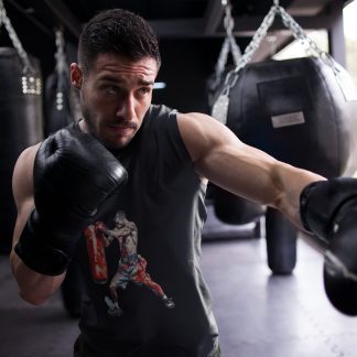 Boxer Throwing Right Hook Red Shorts boxing vest in black, shadowboxing shot