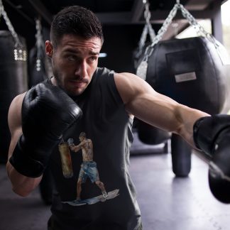 Boxer Punching Bag Blue Shorts boxing vest in black, shadowboxing shot