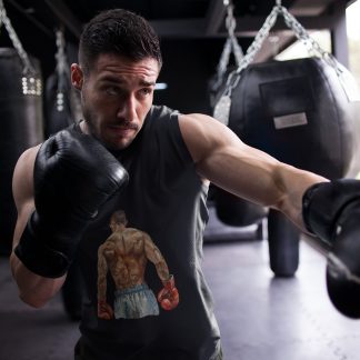 Boxer Back View Red Gloves Muscular boxing vest in black, shadowboxing shot