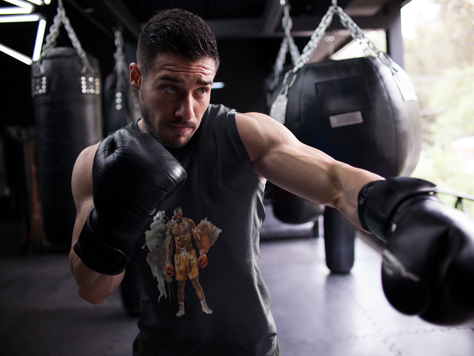 Boxer Orange Shorts Standing boxing vest in black, shadowboxing shot