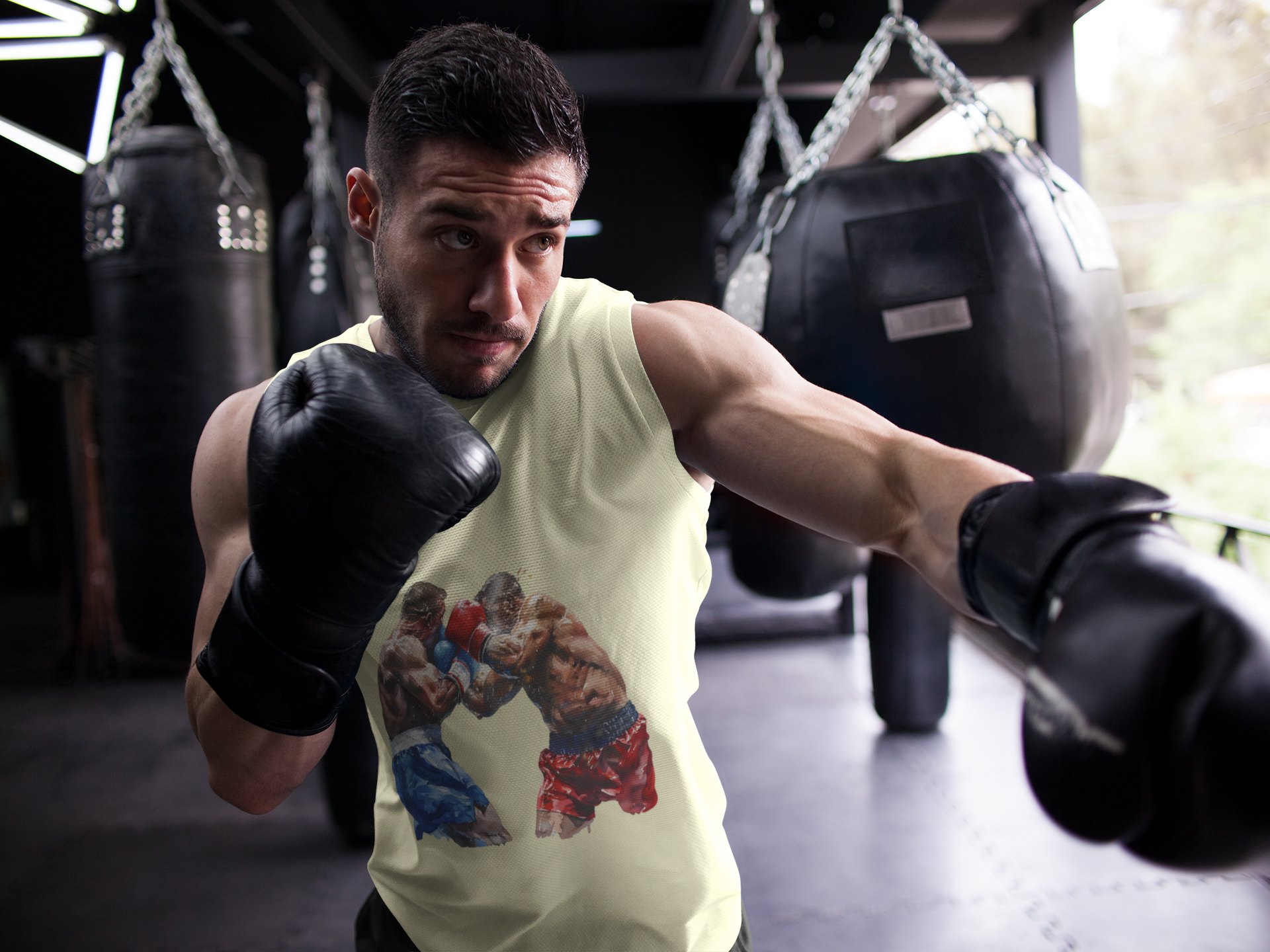 Boxers Red Blue Close Range Battle boxing vest in cream, shadowboxing shot