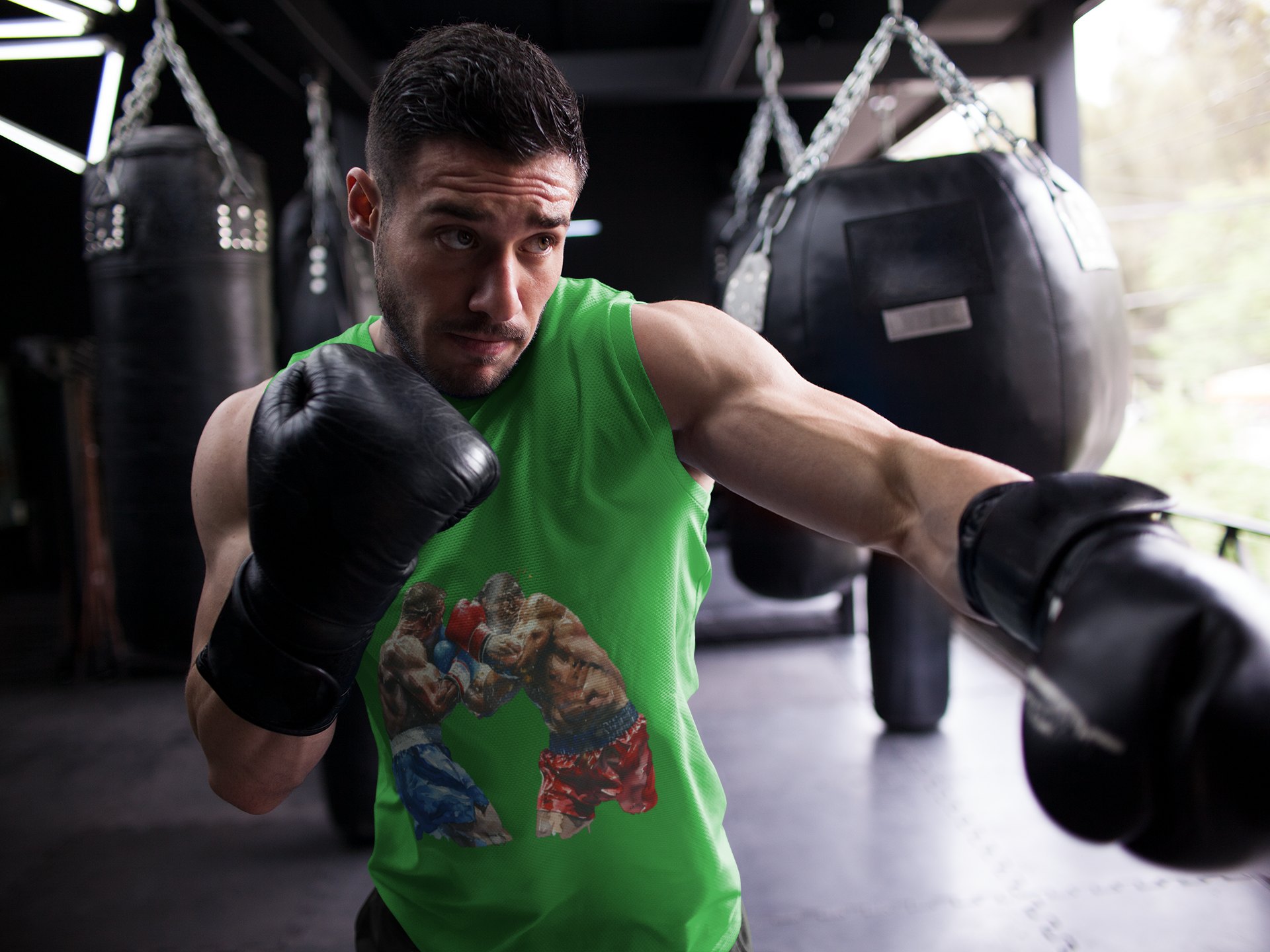Boxers Red Blue Close Range Battle boxing vest in forest green, shadowboxing shot