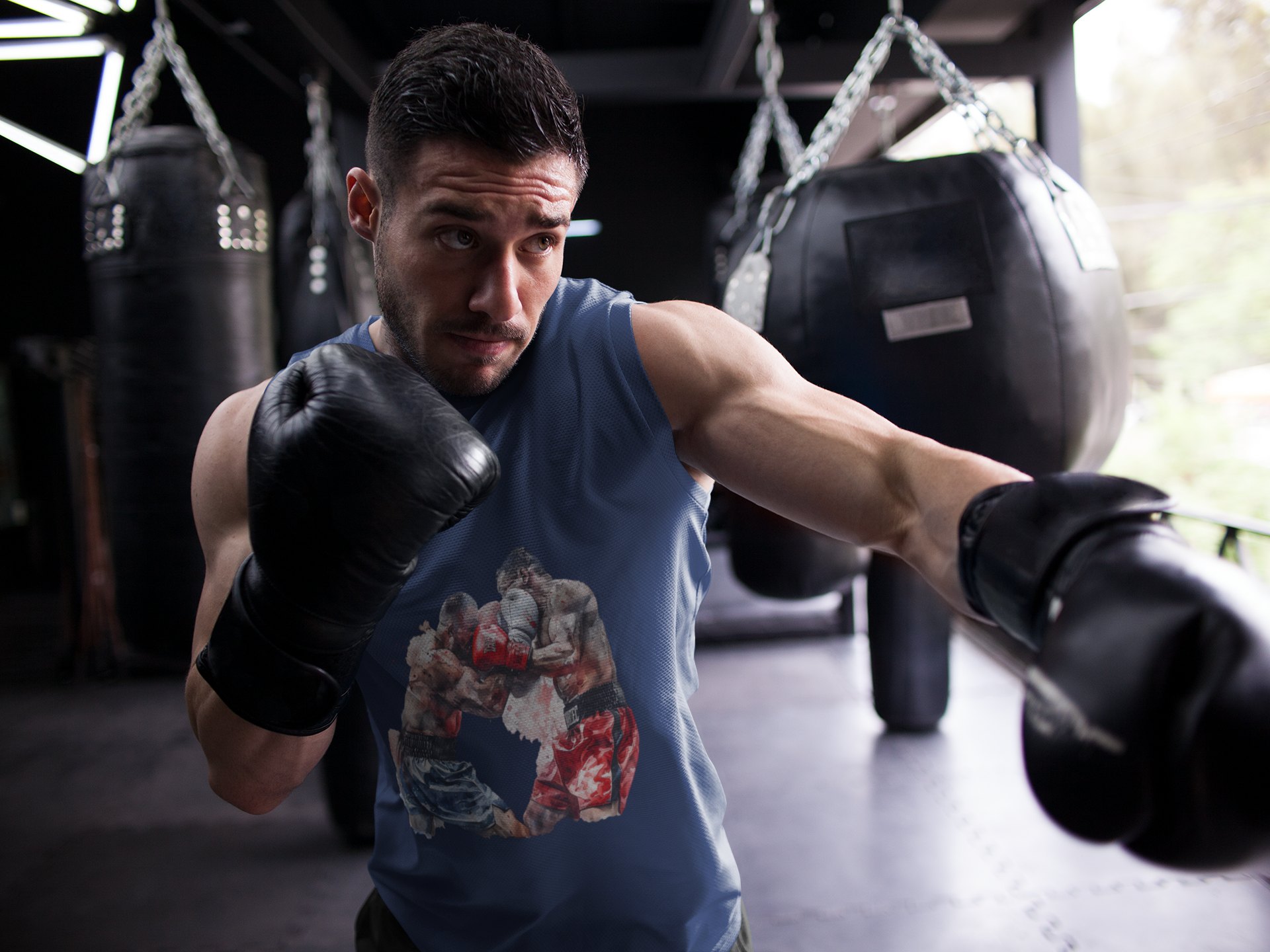 Boxers Close Combat Heads Together boxing vest in navy, shadowboxing shot