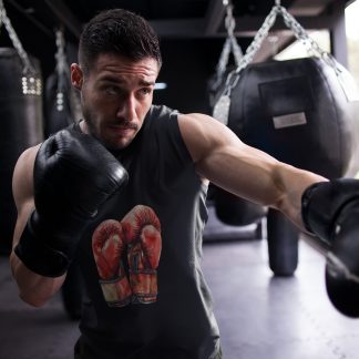 Red Gloves Crossed X Pair boxing vest in black, shadowboxing shot