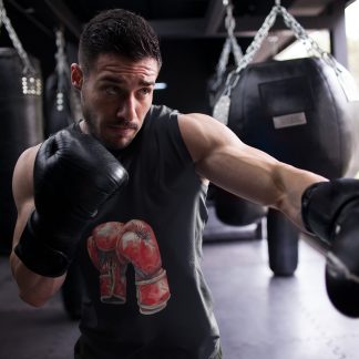 Red Gloves Laced Standing Pair boxing vest in black, shadowboxing shot
