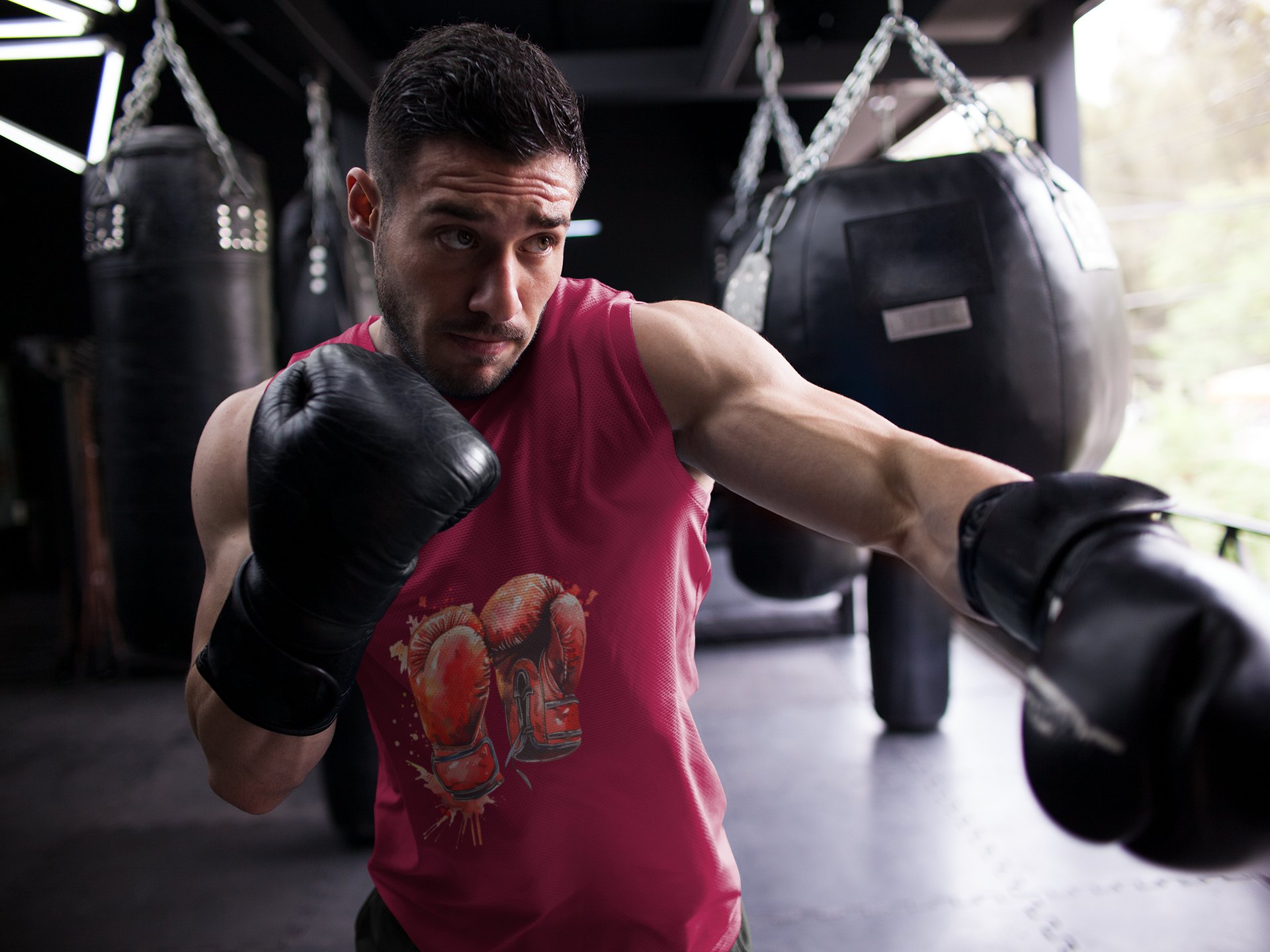 Red Gloves Fire Burst boxing vest in burgundy, shadowboxing shot