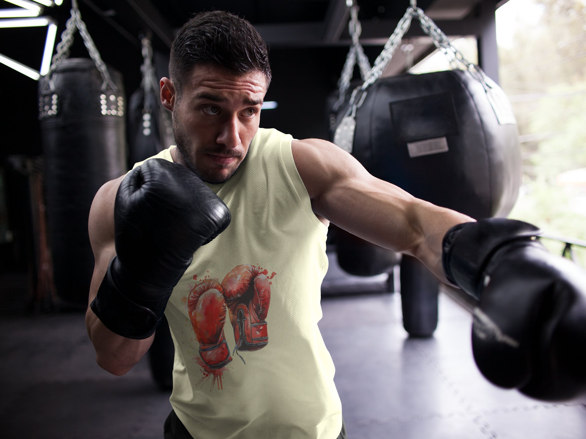 Red Gloves Fire Burst boxing vest in cream, shadowboxing shot