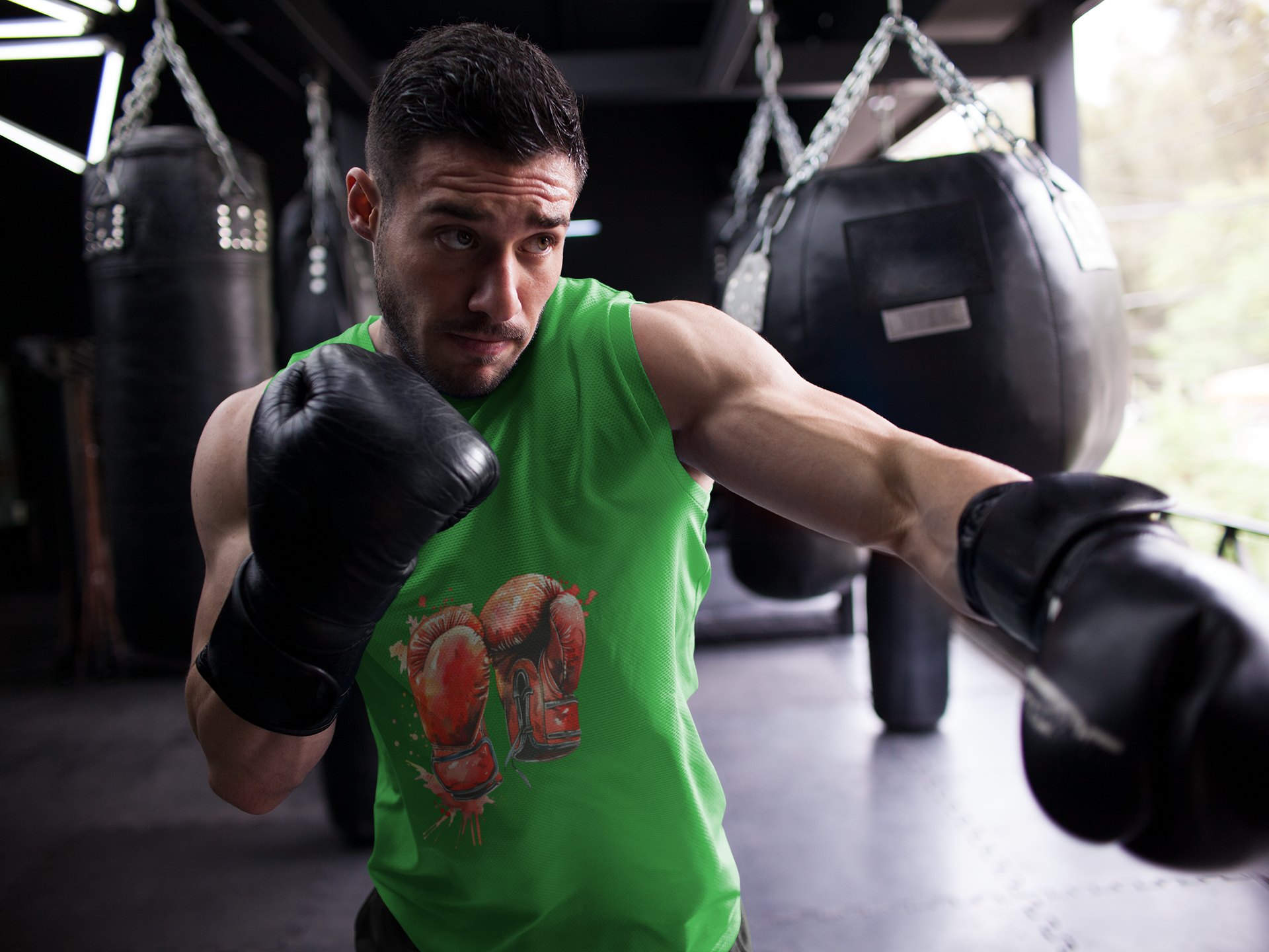 Red Gloves Fire Burst boxing vest in forest green, shadowboxing shot