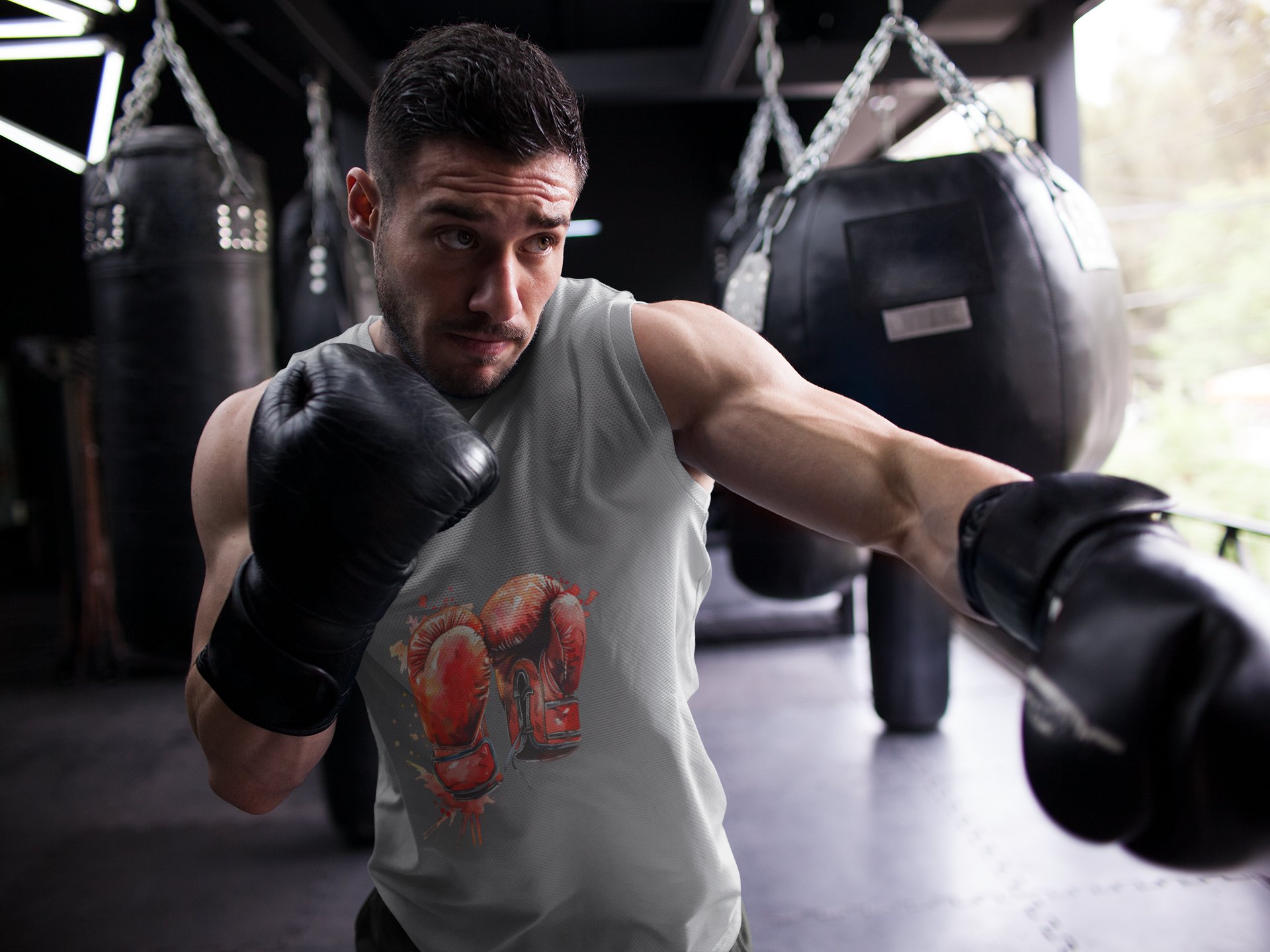 Red Gloves Fire Burst boxing vest in grey, shadowboxing shot