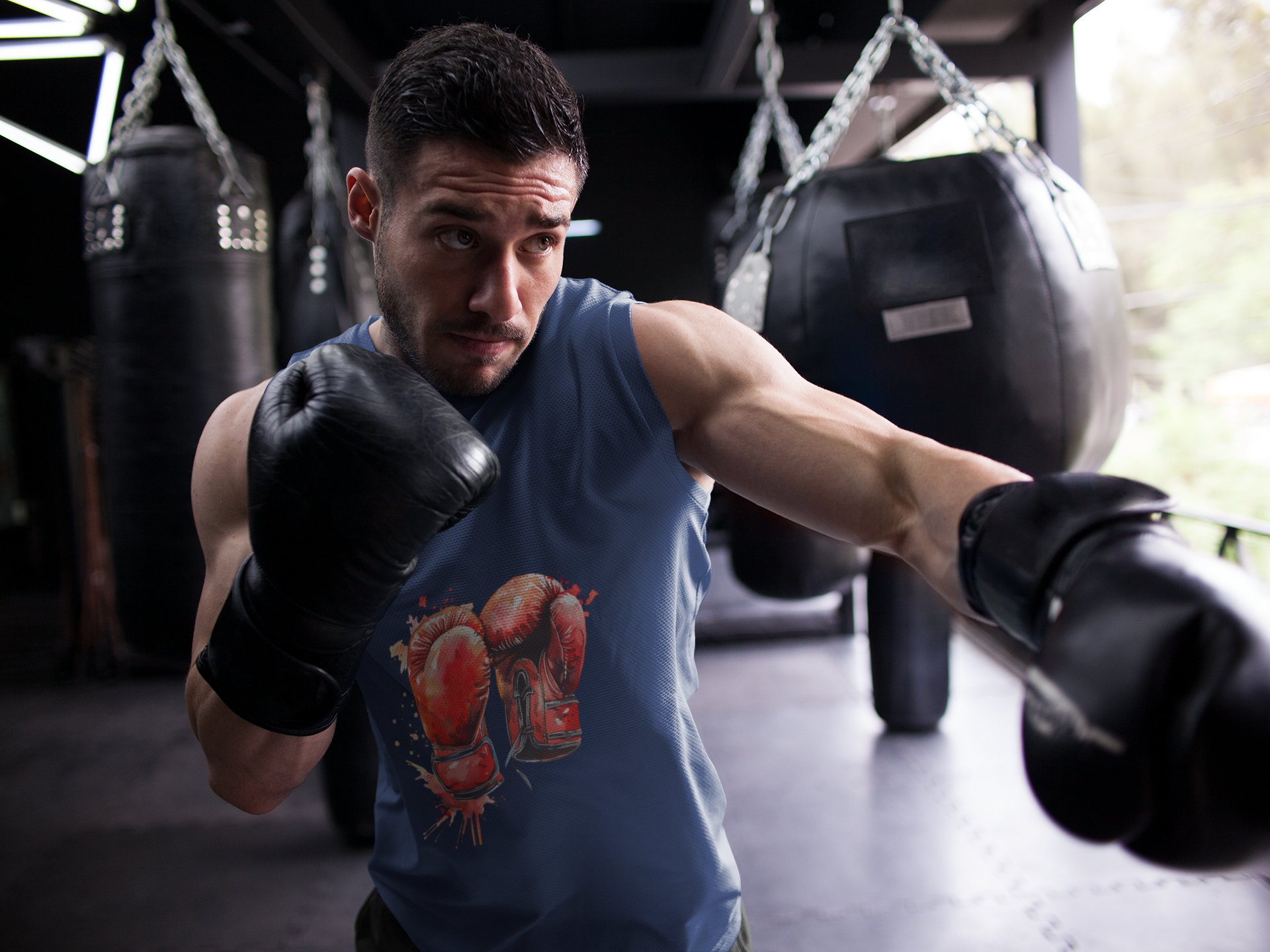 Red Gloves Fire Burst boxing vest in navy, shadowboxing shot