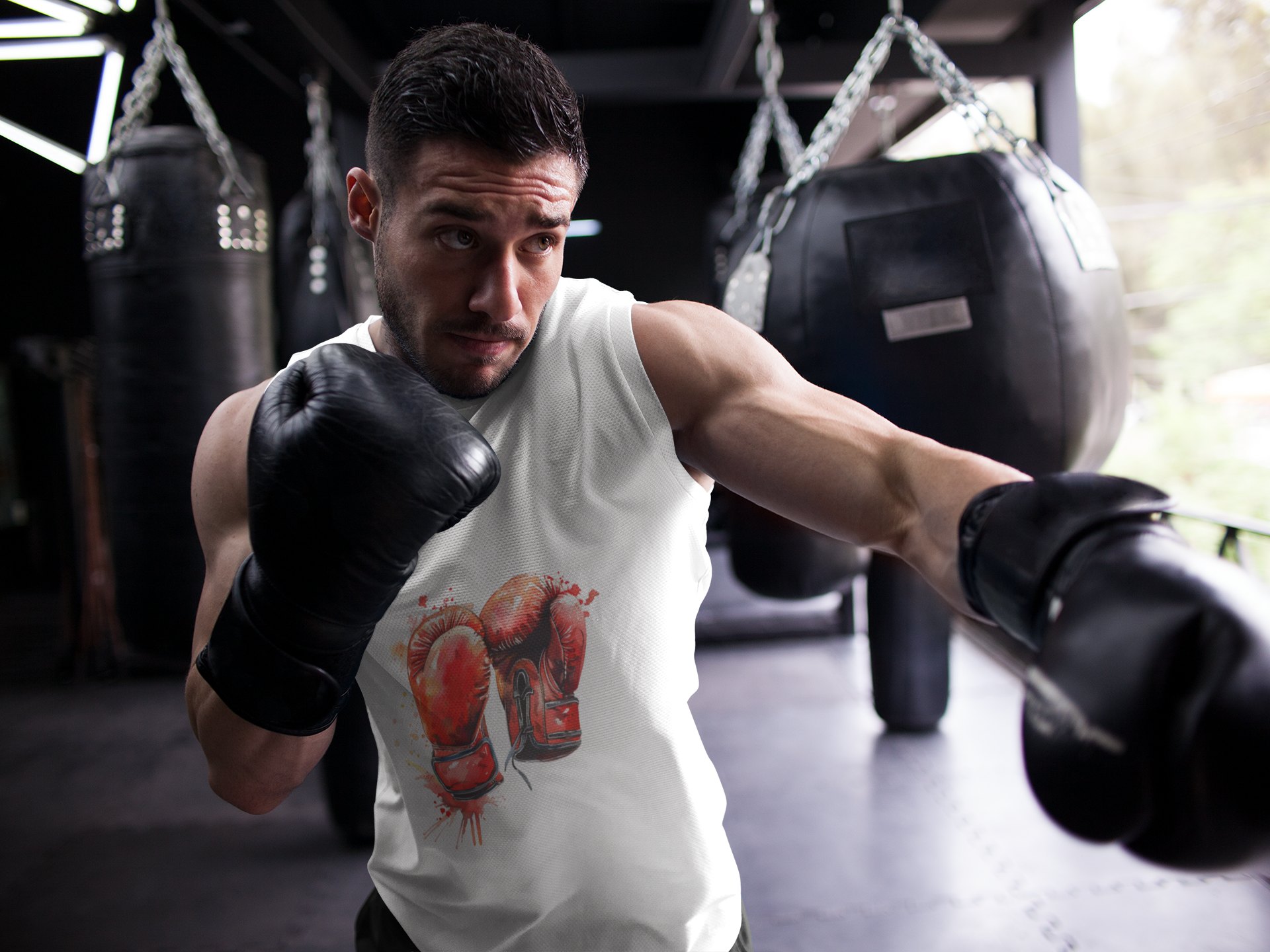 Red Gloves Fire Burst boxing vest in white, shadowboxing shot