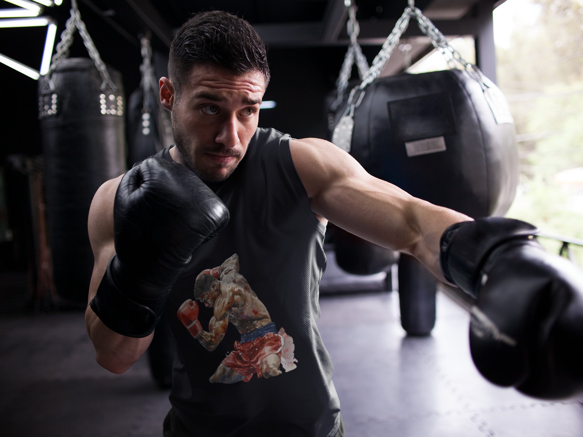 Boxers Red Blue Exchanging Punches boxing vest in black, shadowboxing shot