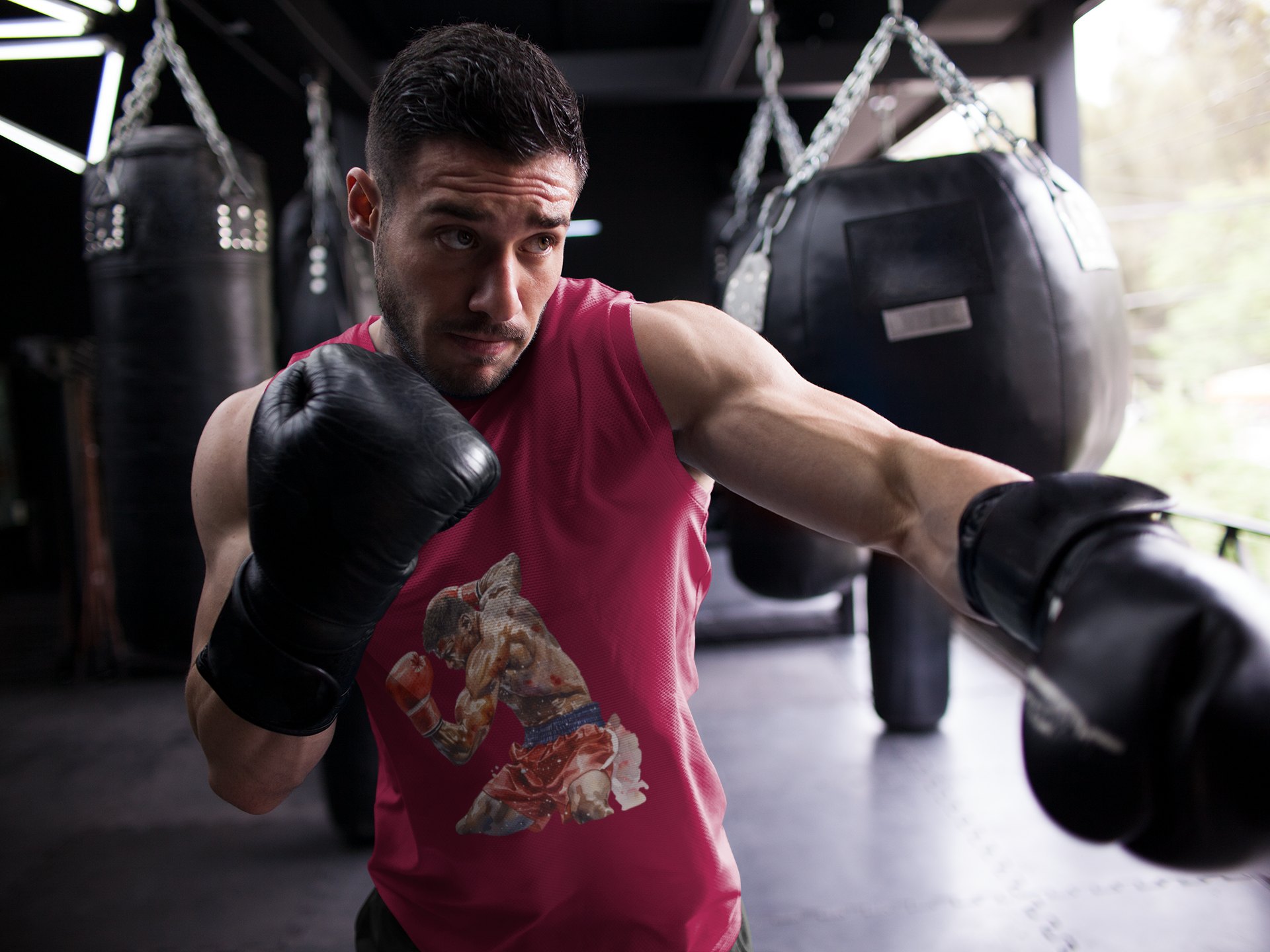 Boxers Red Blue Exchanging Punches boxing vest in burgundy, shadowboxing shot