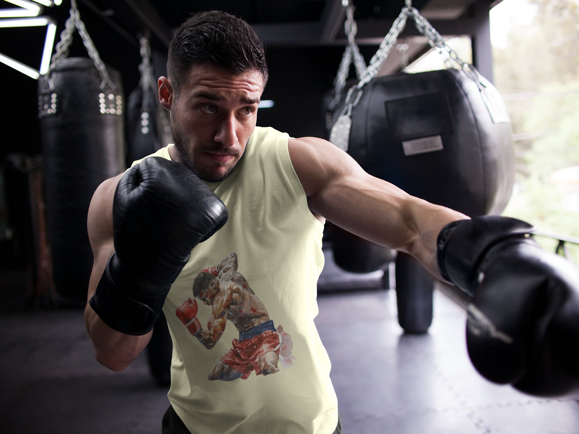 Boxers Red Blue Exchanging Punches boxing vest in cream, shadowboxing shot