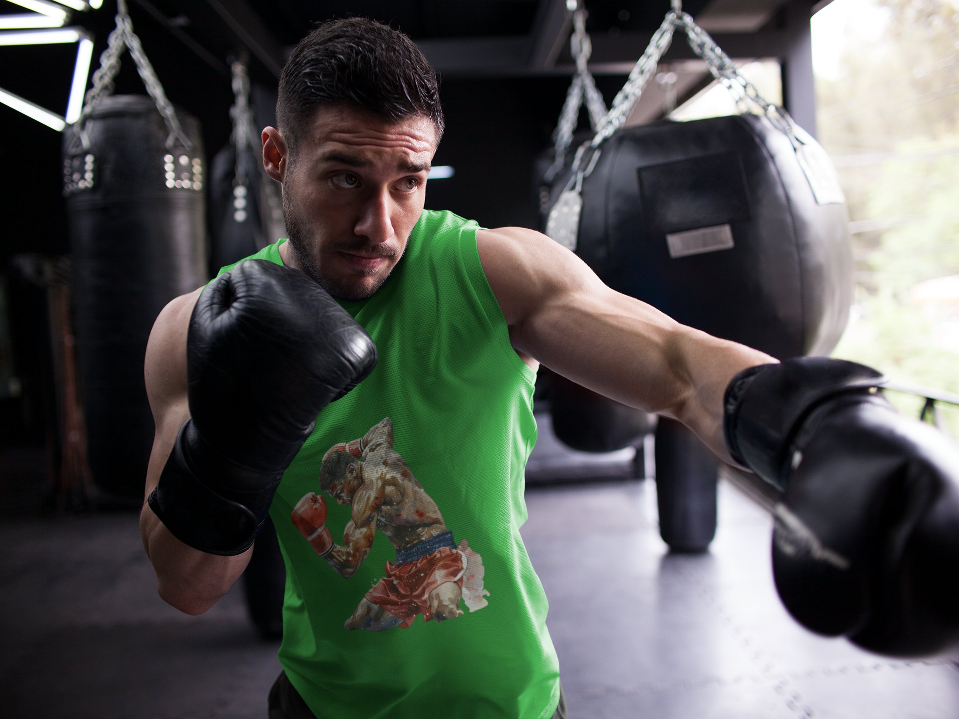 Boxers Red Blue Exchanging Punches boxing vest in forest green, shadowboxing shot