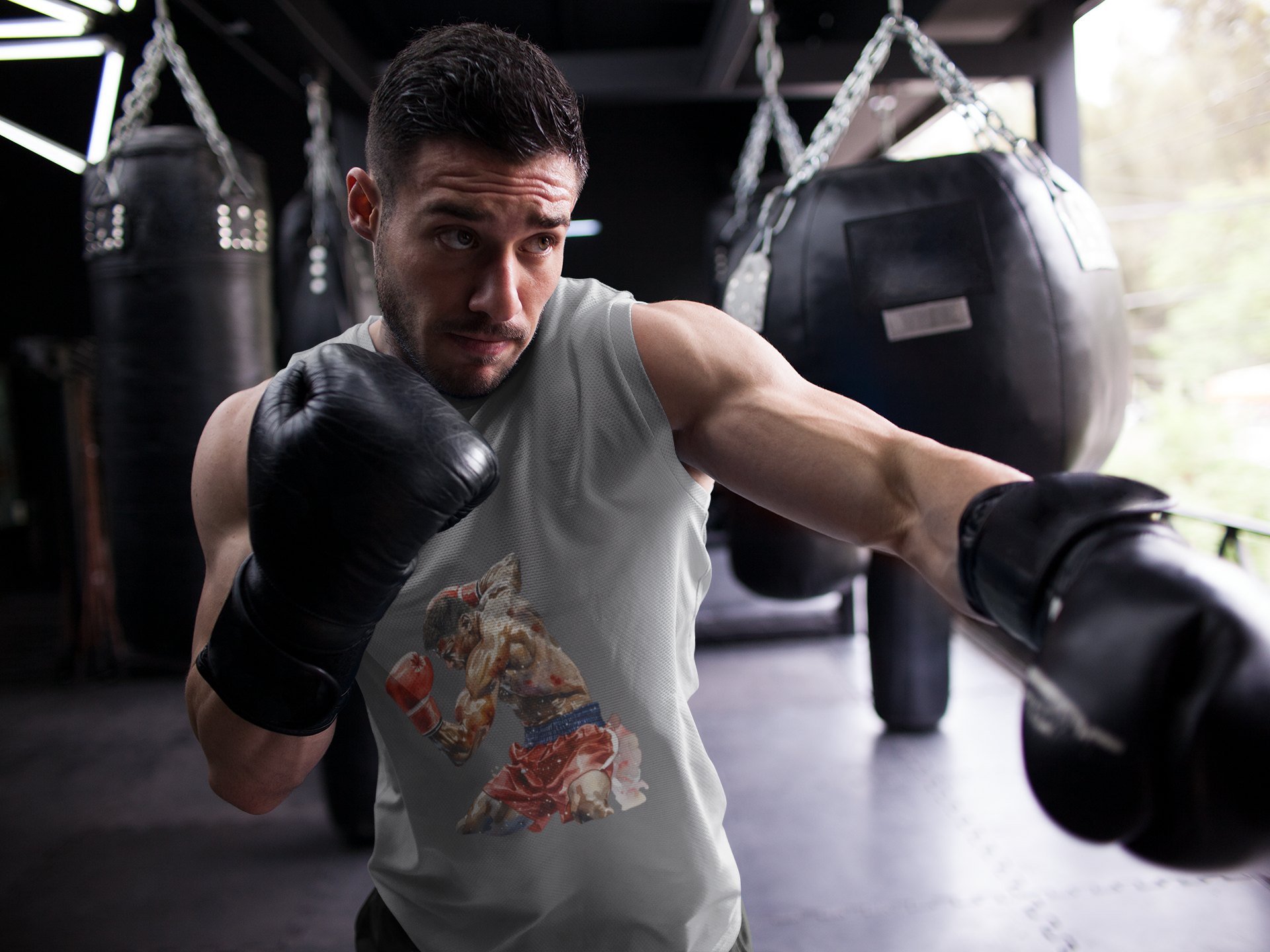 Boxers Red Blue Exchanging Punches boxing vest in grey, shadowboxing shot