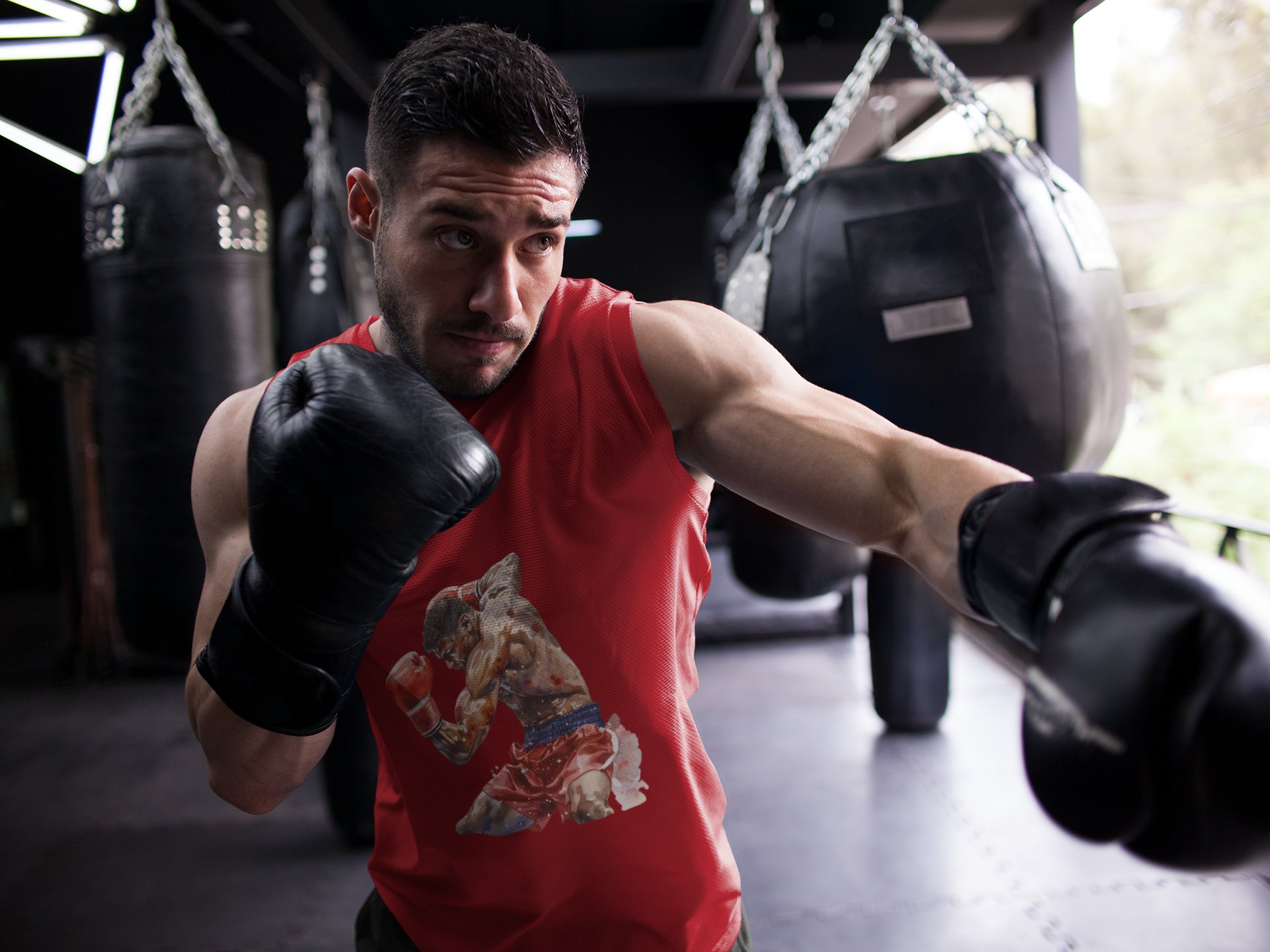 Boxers Red Blue Exchanging Punches boxing vest in red, shadowboxing shot