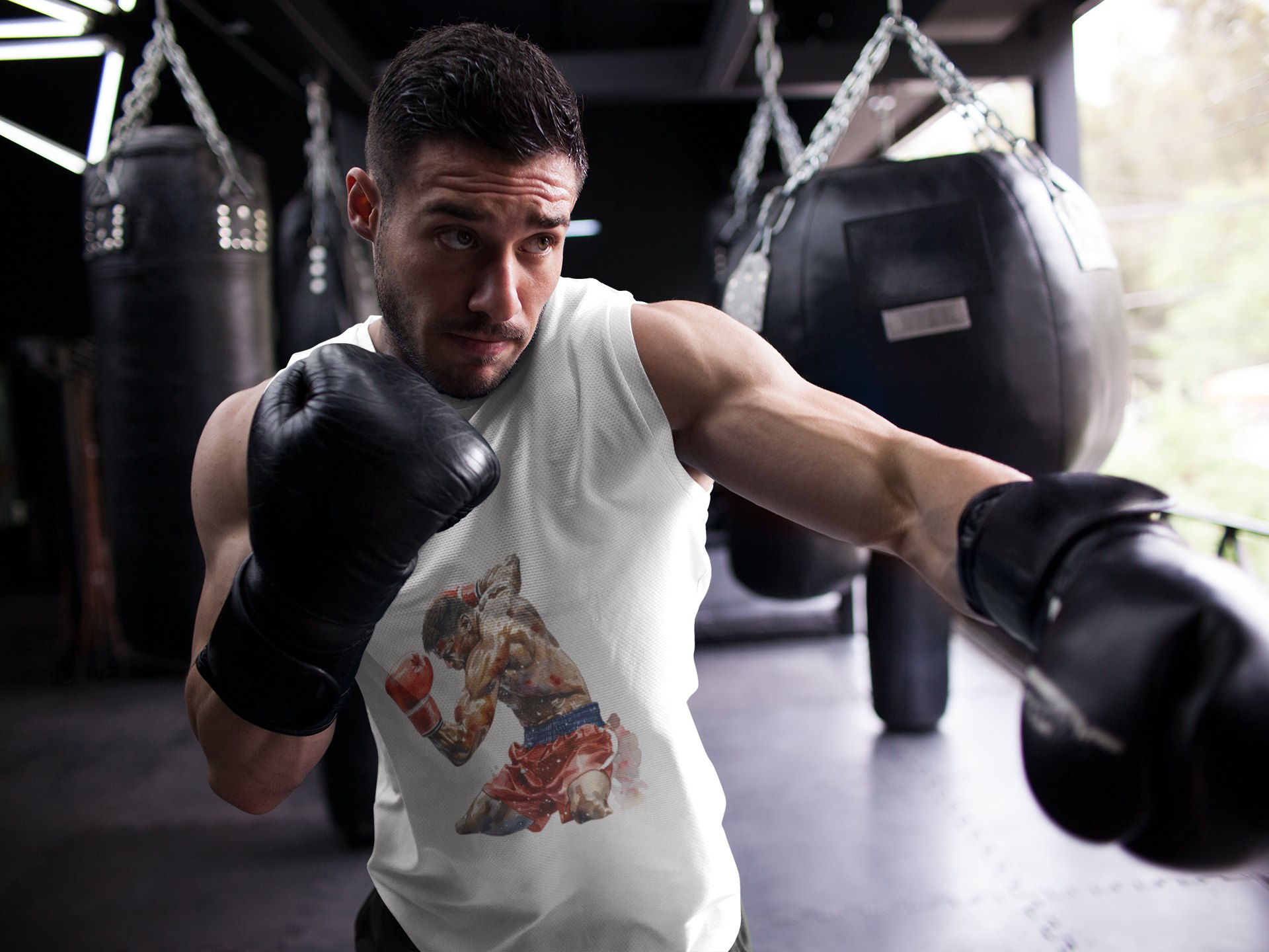Boxers Red Blue Exchanging Punches boxing vest in white, shadowboxing shot