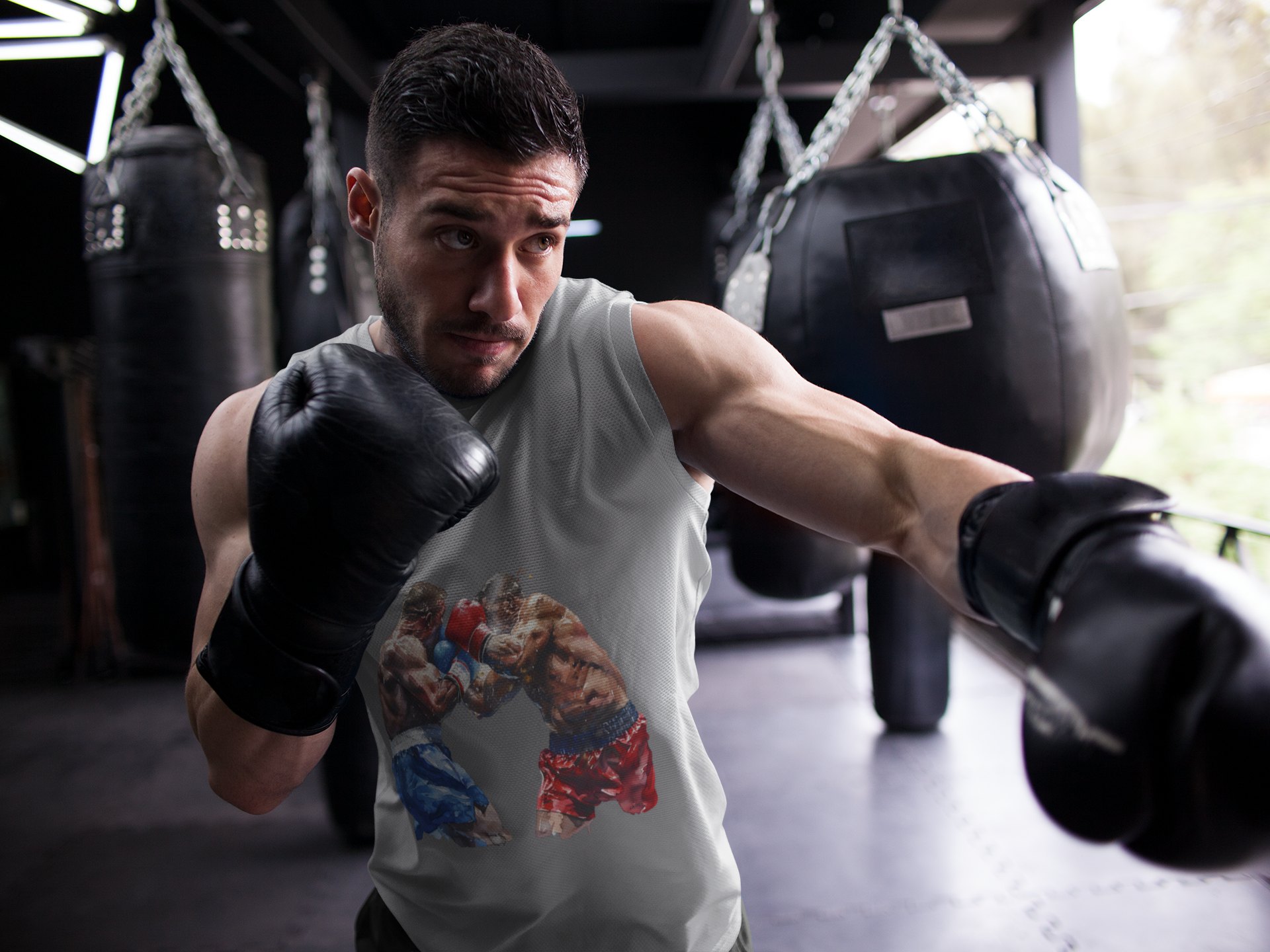 Boxers Red Blue Close Clash boxing vest in grey, shadowboxing shot
