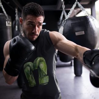 Green Boxing Gloves Standing Pair boxing vest in black, shadowboxing shot
