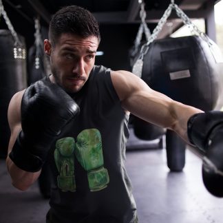 Green Boxing Gloves Crossed Side boxing vest in black, shadowboxing shot