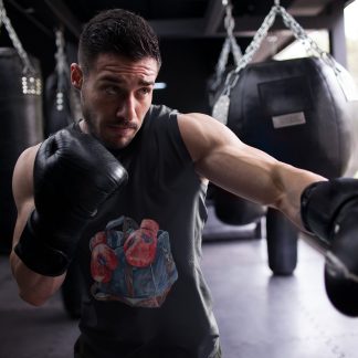 Blue Gym Bag Red Gloves boxing vest in black, shadowboxing shot