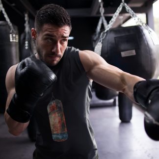 Orange Gloves Laced Tied Pair boxing vest in black, shadowboxing shot