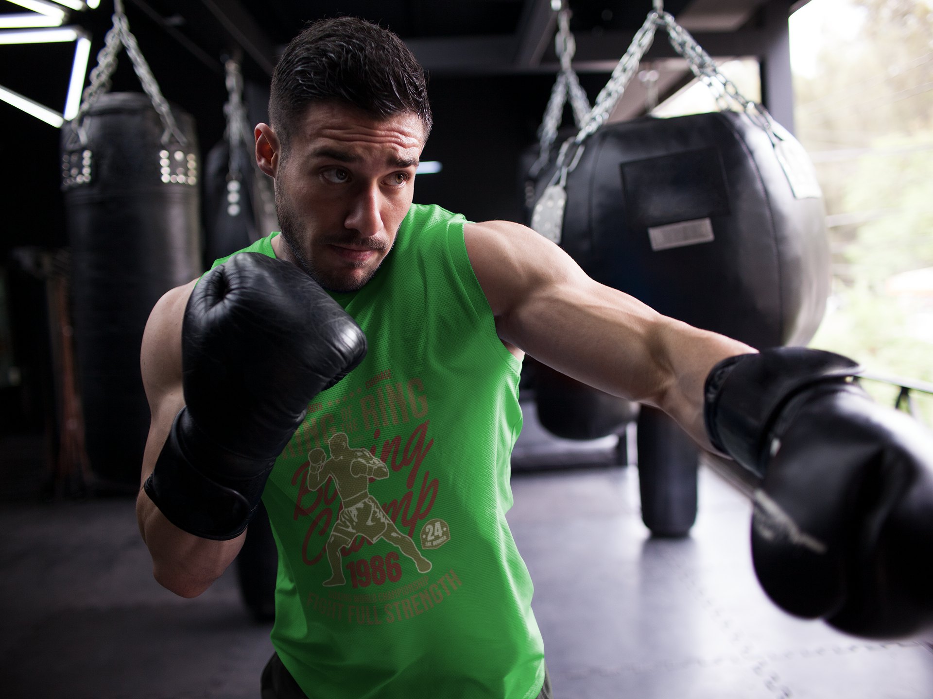 King Of The Ring Boxing Club boxing vest in forest green, shadowboxing shot