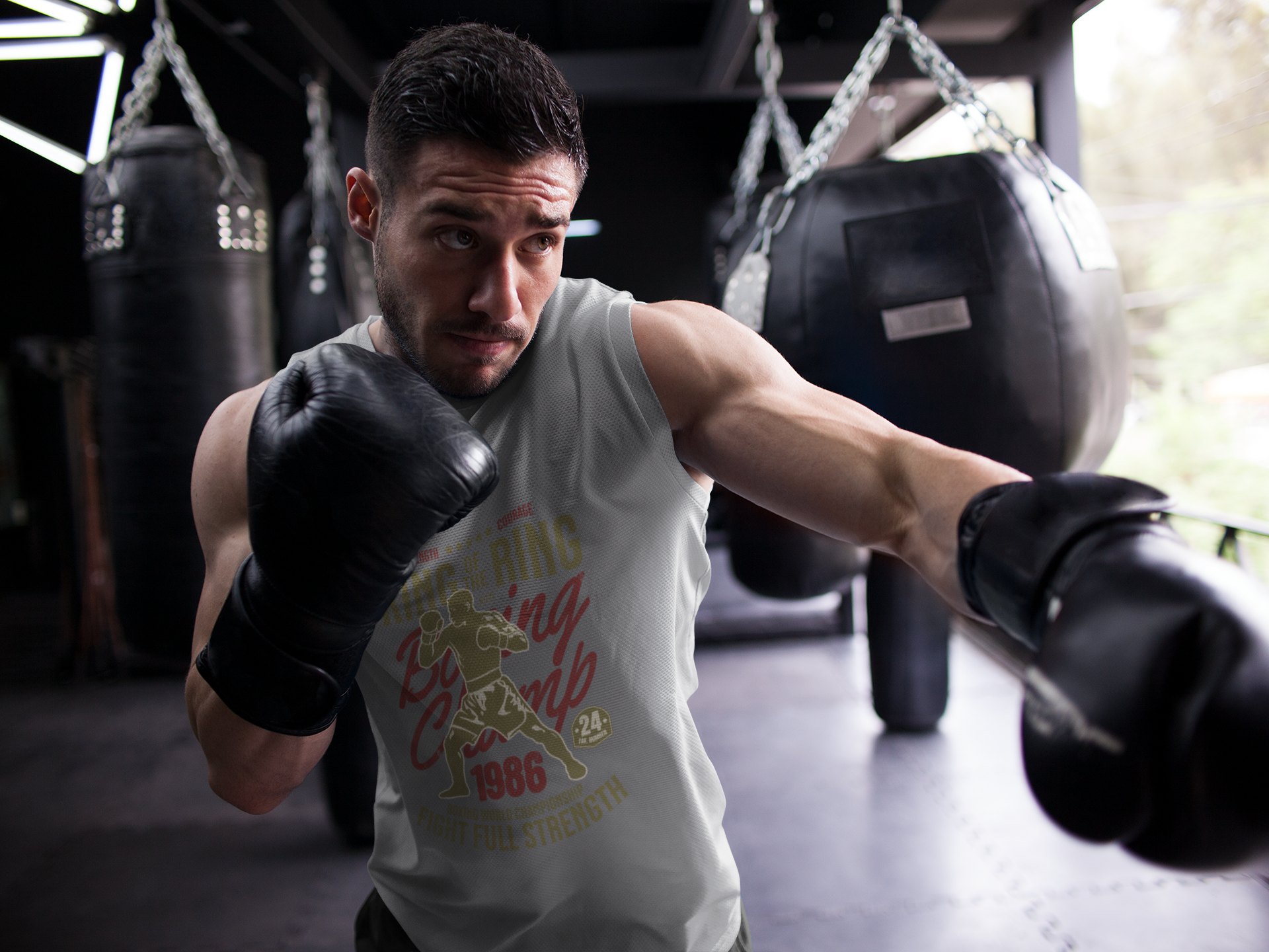 King Of The Ring Boxing Club boxing vest in grey, shadowboxing shot
