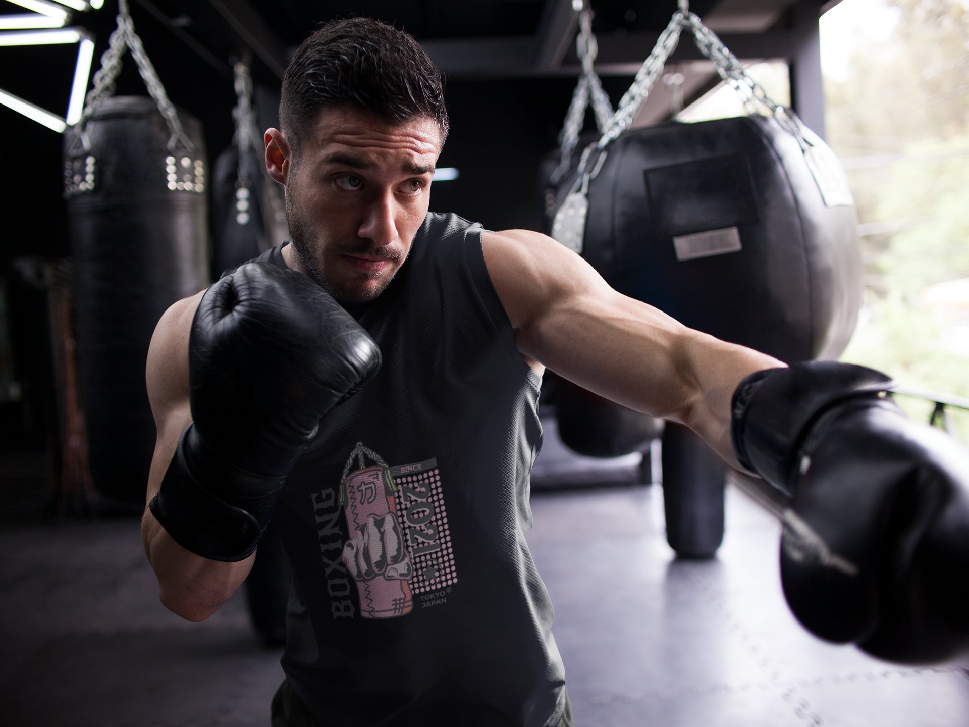 Boxing Fist Punching Bag boxing vest in black, shadowboxing shot
