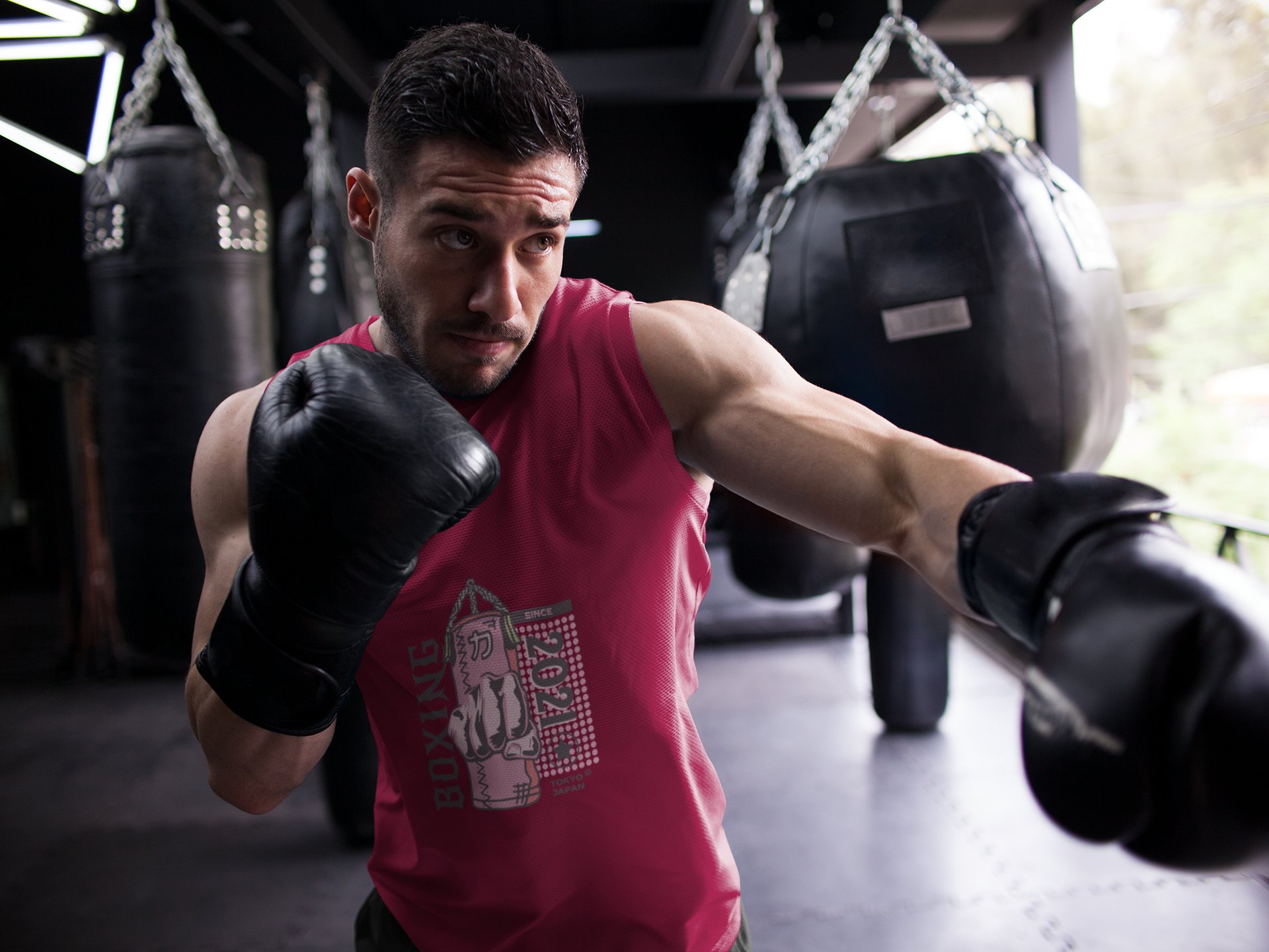 Boxing Fist Punching Bag boxing vest in burgundy, shadowboxing shot