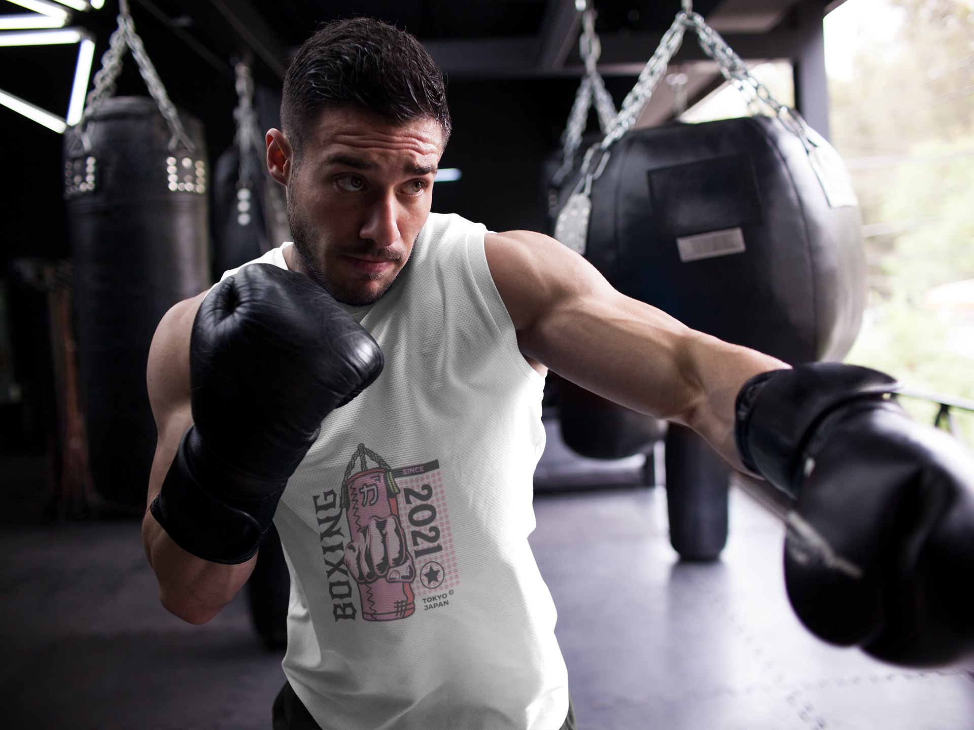 Boxing Fist Punching Bag boxing vest in white, shadowboxing shot