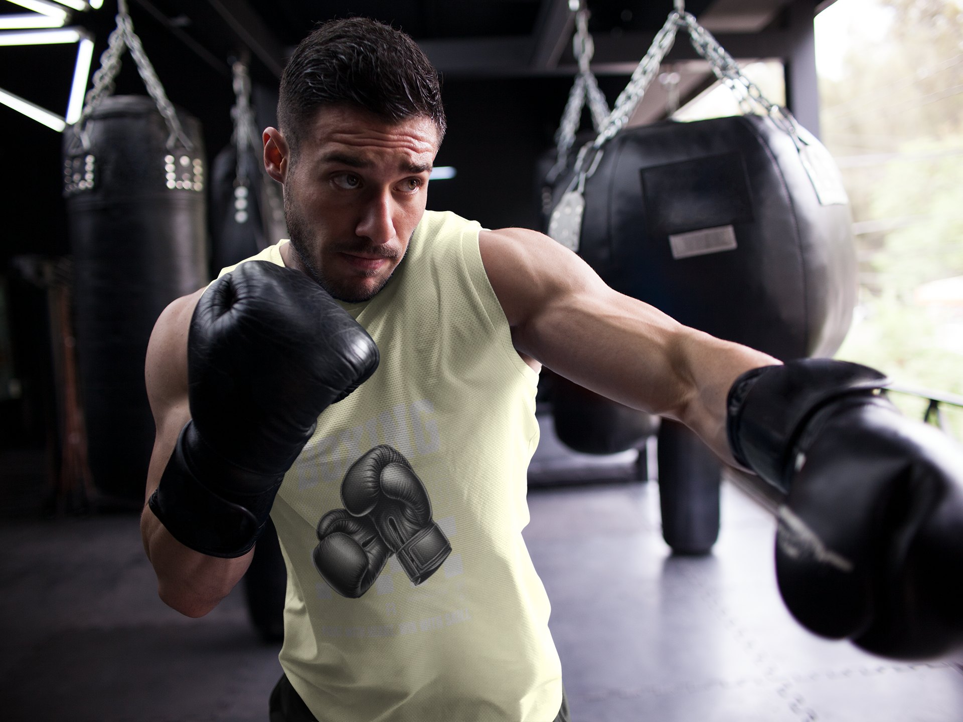 Boxing Streetwear Checkered boxing vest in cream, shadowboxing shot