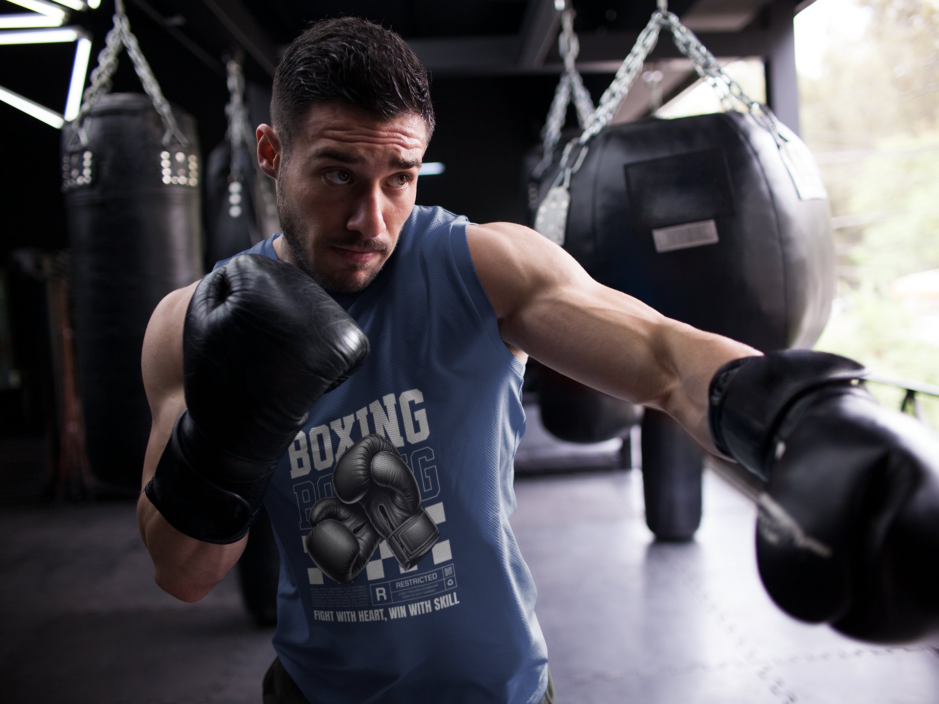 Boxing Streetwear Checkered boxing vest in navy, shadowboxing shot