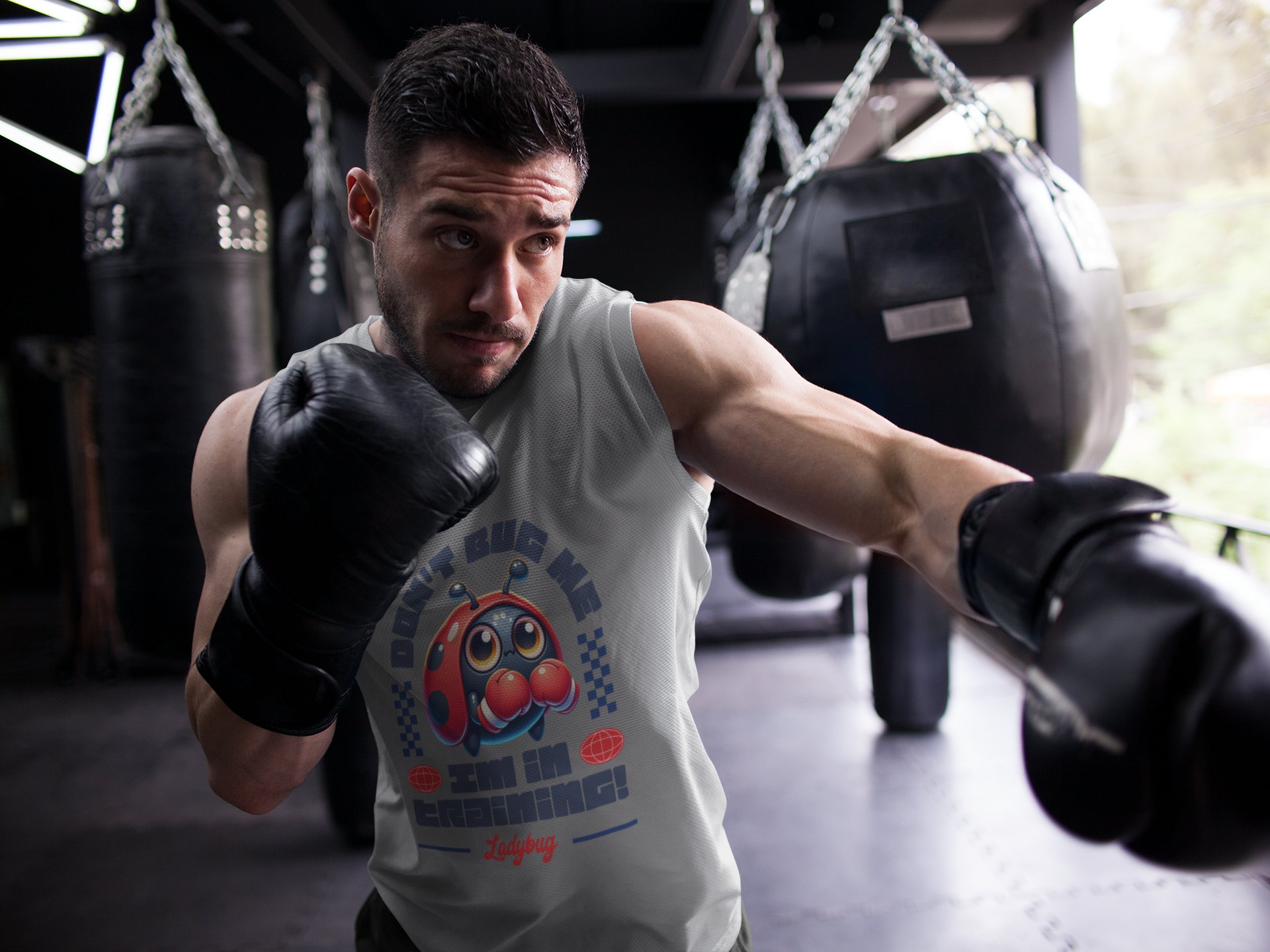 Funny Ladybug Boxing Training boxing vest in grey, shadowboxing shot