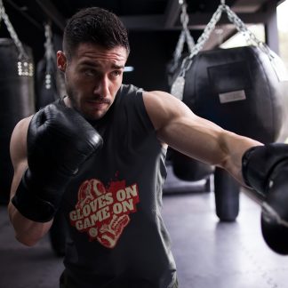 Gloves On Game On boxing vest in black, shadowboxing shot