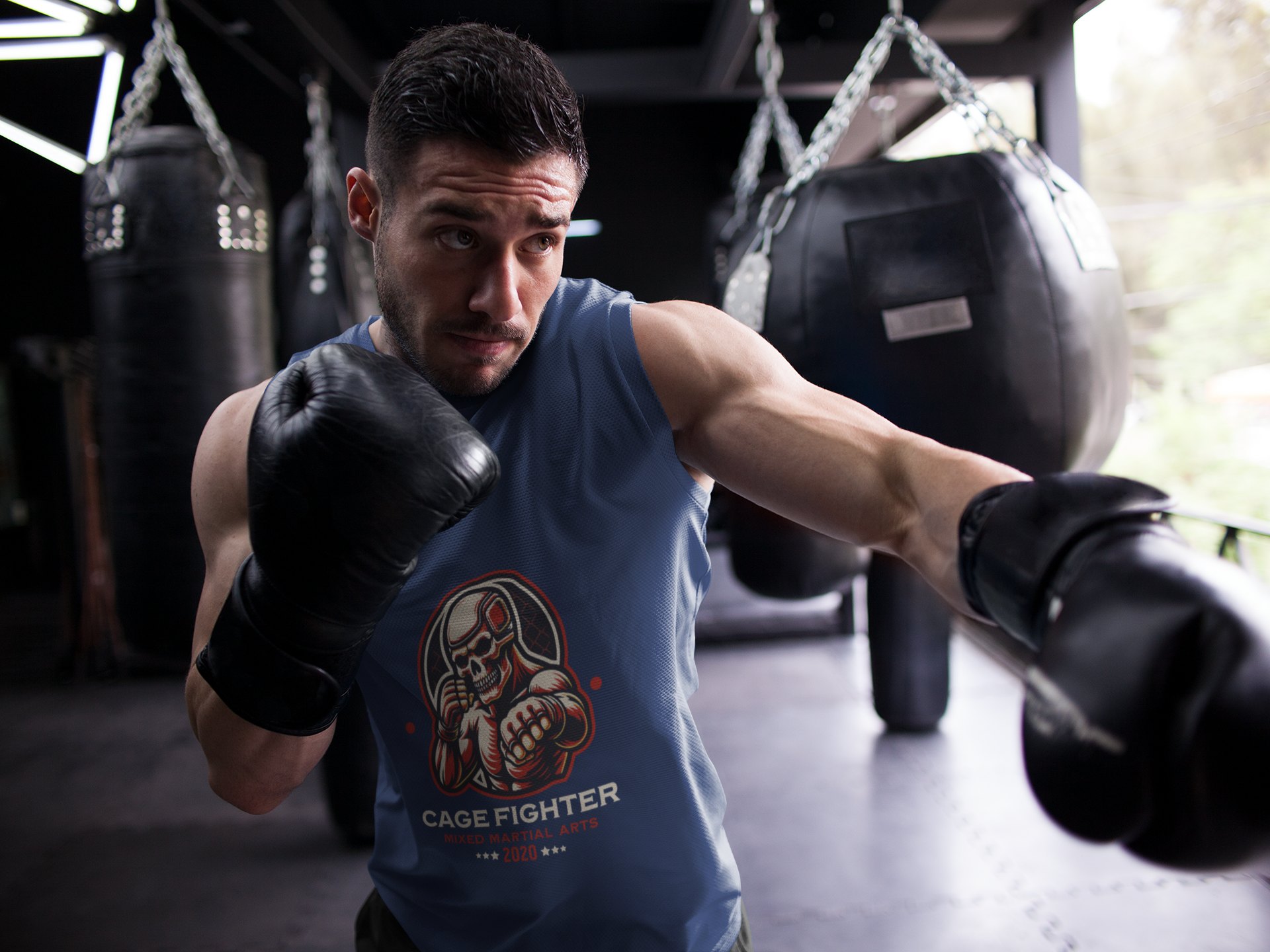 Grapple Gear Cage Fighter boxing vest in navy, shadowboxing shot