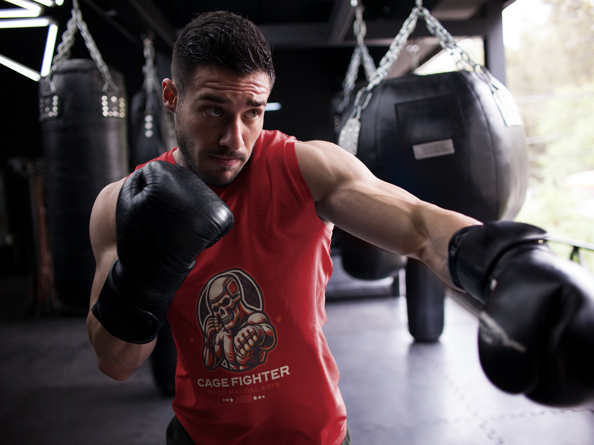 Grapple Gear Cage Fighter boxing vest in red, shadowboxing shot