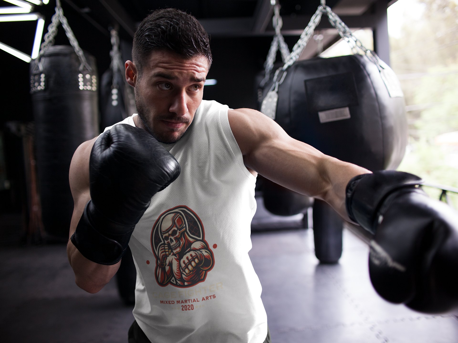 Grapple Gear Cage Fighter boxing vest in white, shadowboxing shot