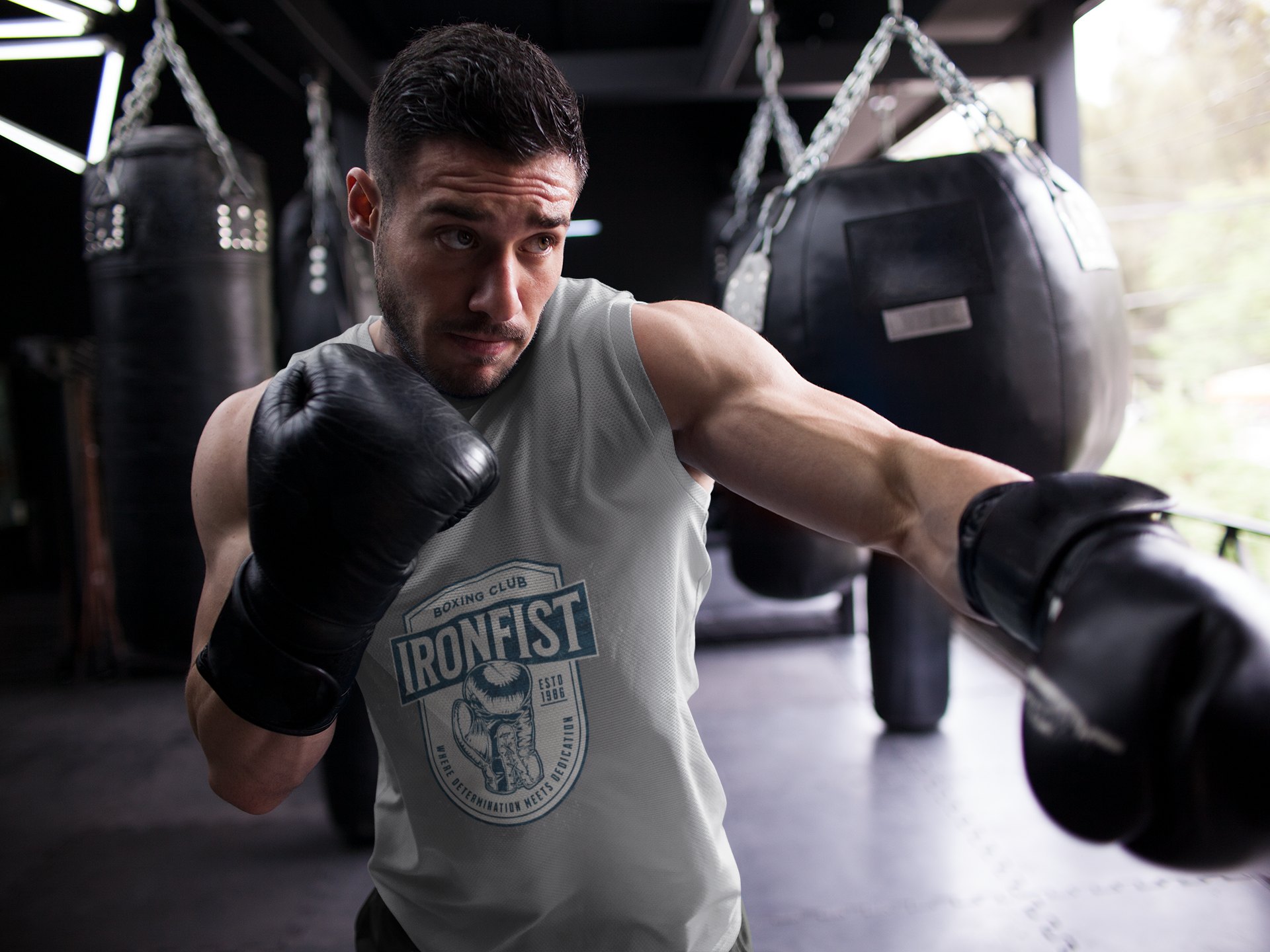 Iron Fist Boxing Club Emblem boxing vest in grey, shadowboxing shot