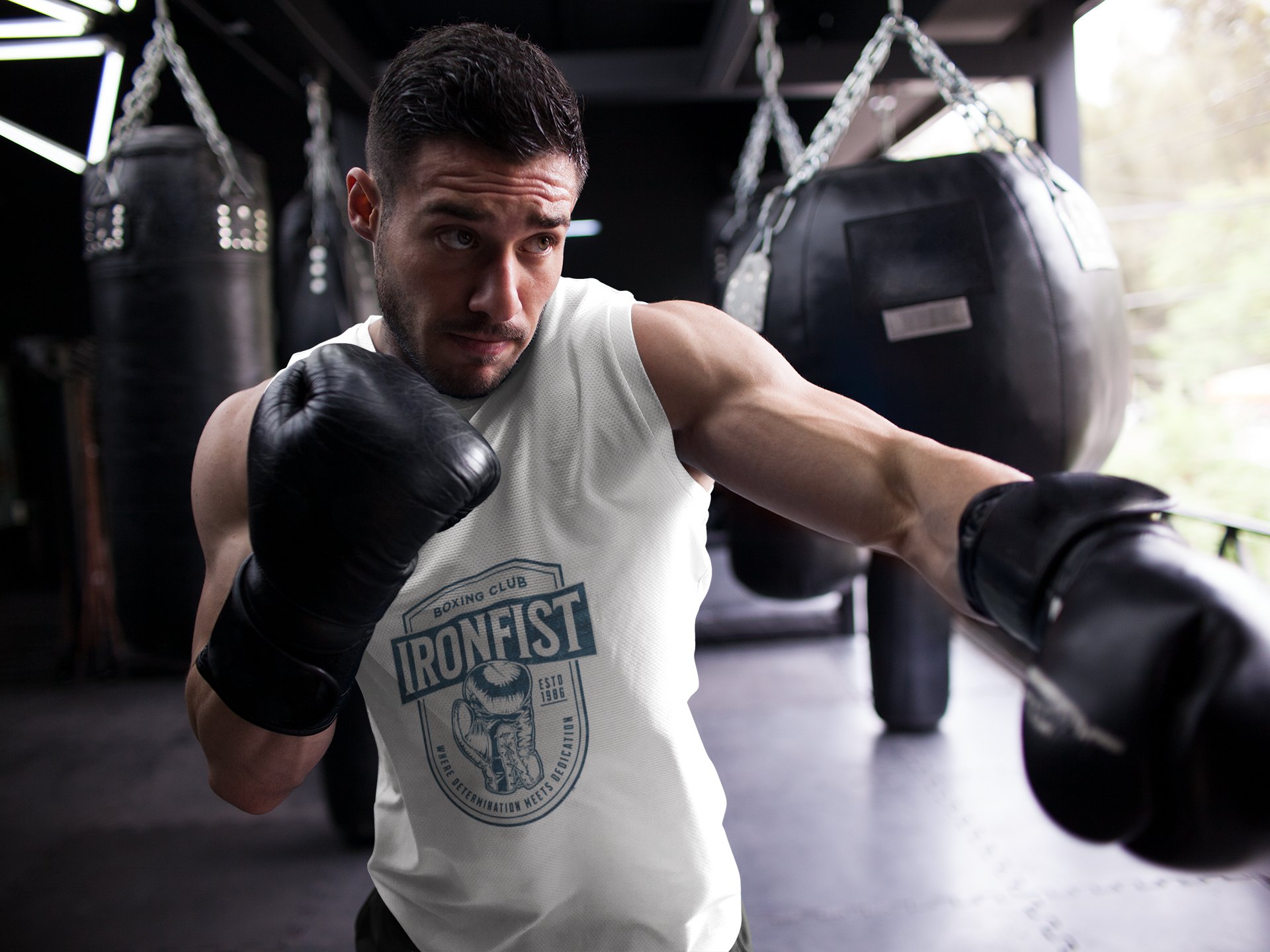 Iron Fist Boxing Club Emblem boxing vest in white, shadowboxing shot