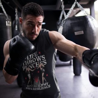 Life Throws Punches Resilience boxing vest in black, shadowboxing shot