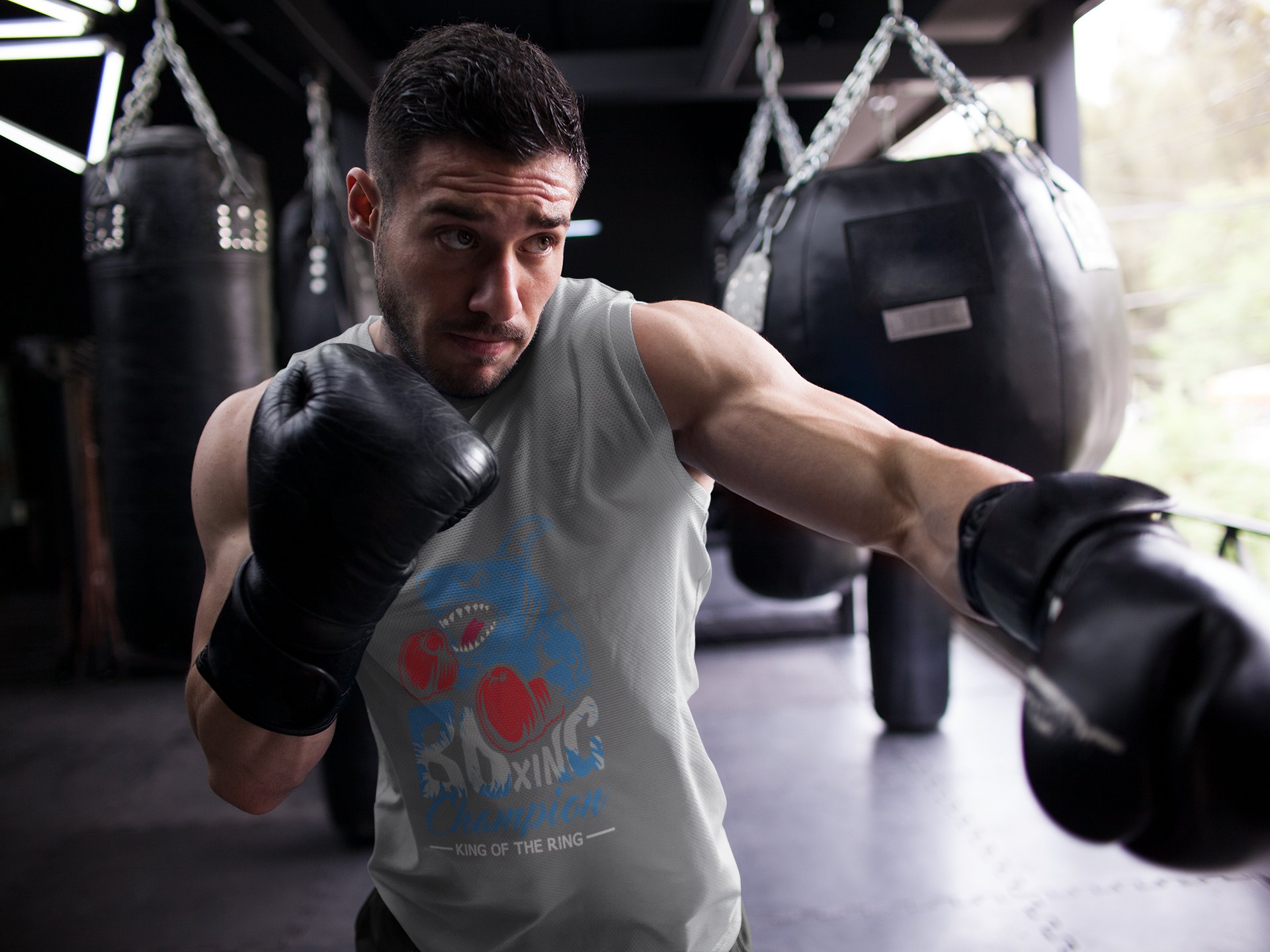 Bad Shark Boxer boxing vest in grey, shadowboxing shot