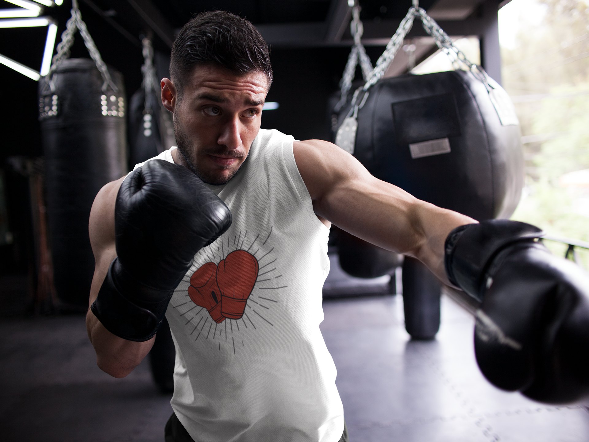 Rock Steady Boxing Parkinsons boxing vest in white, shadowboxing shot