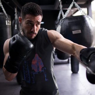 Boxing Vertical Blue Red boxing vest in black, shadowboxing shot