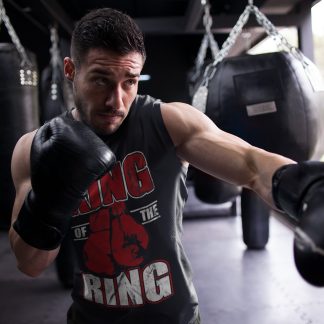 King Of The Ring boxing vest in black, shadowboxing shot