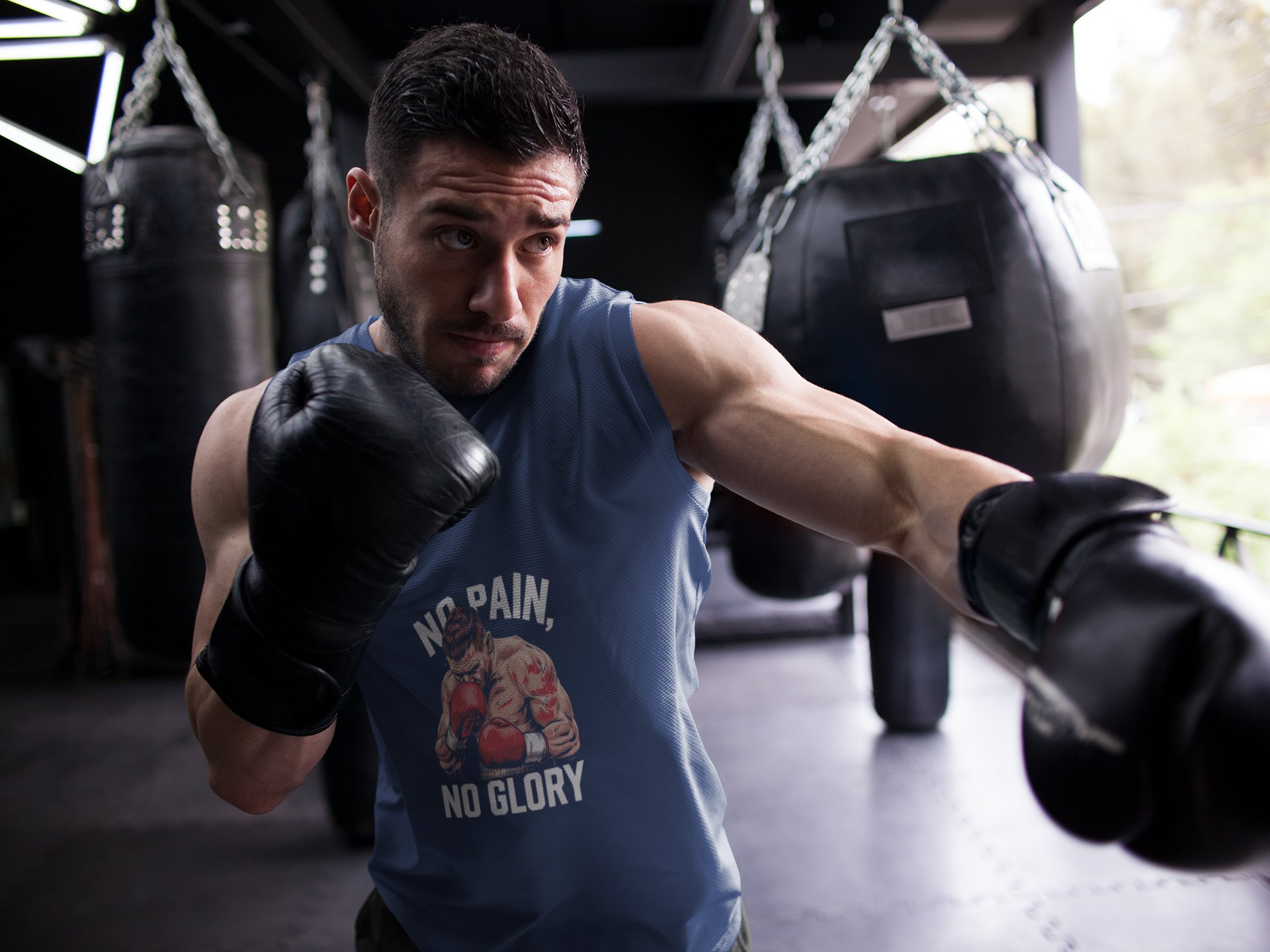 No Pain Muscular Fighter boxing vest in navy, shadowboxing shot