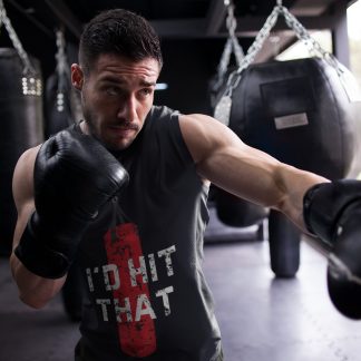 I'd Hit Punching Bag Script boxing vest in black, shadowboxing shot