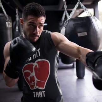 I'd Hit Heart Gloves boxing vest in black, shadowboxing shot